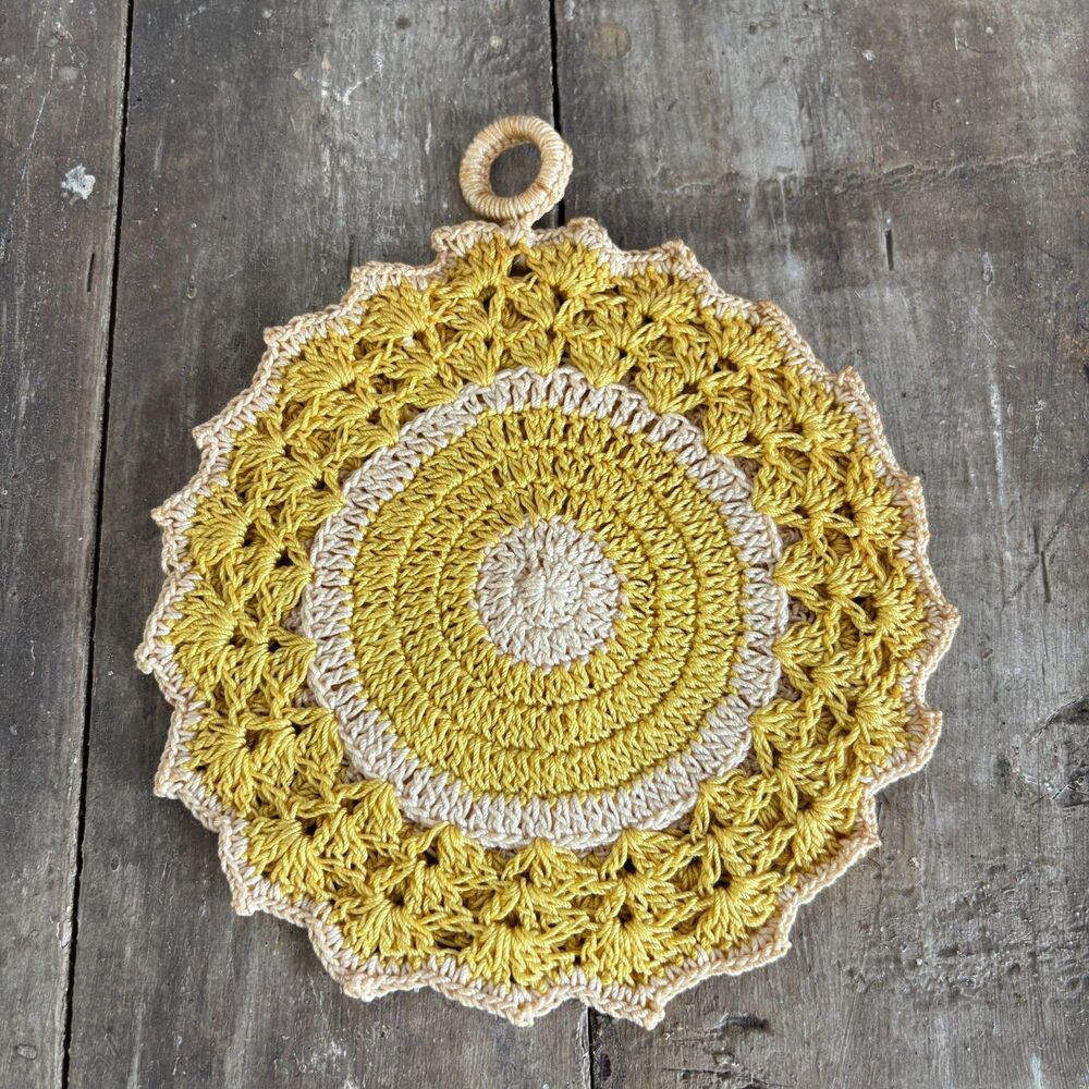 Vintage Handmade Crochet Potholder Mustard Yellow Cream Trivet